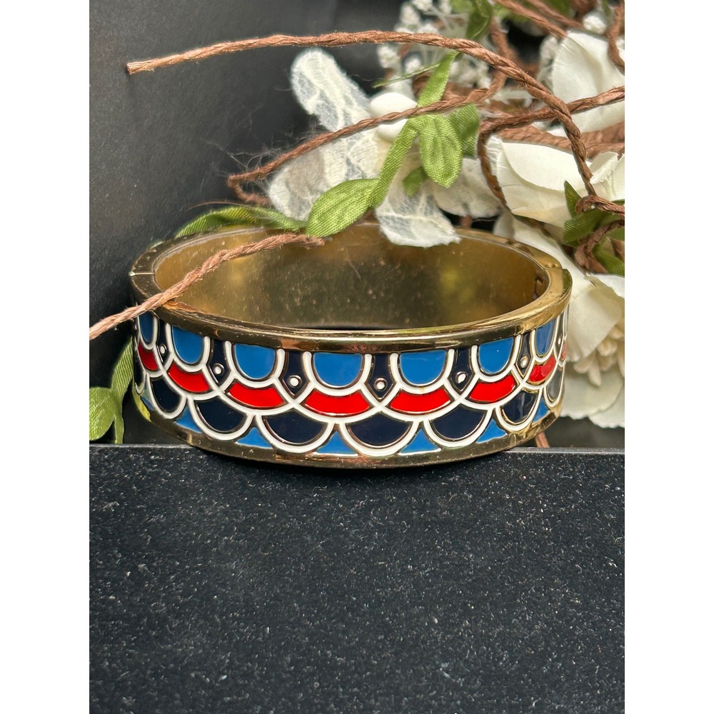 Talbots Red & Blue Enamel Hinged Cuff Bracelet Gold Tone Geometric Bangle
